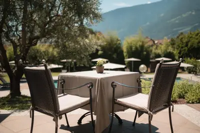 a table with two chairs and a potted plant on it at Hotel Pollinger in Merano