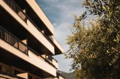 a close up of a building and a tree at Hotel Pollinger in Merano