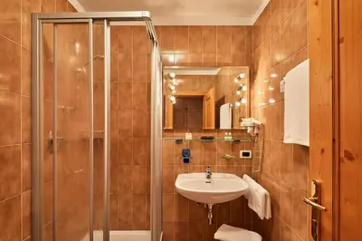 a bathroom with a shower and a sink at Mountain B&B - La Scalira in Corvara in Badia