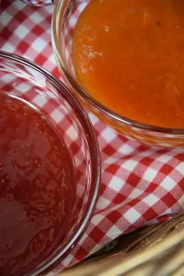 two bowls of sauce on a checkered table cloth at Hütterhof in Lagundo