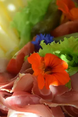 a red flower on top of meat and vegetables at Hütterhof in Lagundo