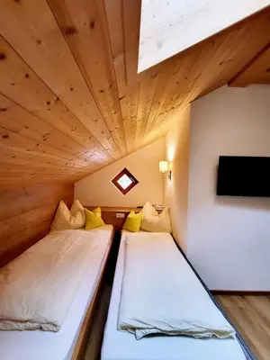 two beds in a small room with a tv at Krebslechnerhof in Brunico