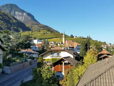 a small town with a mountain in the background at Ferienwohnung Palma in Termeno