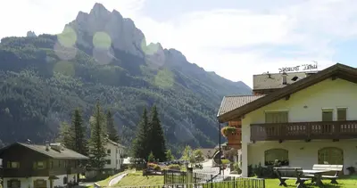 a building with a mountain in the background at Alpine Touring Hotel-petfriendly in Pozza di Fassa