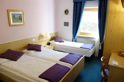 a hotel room with two beds and a window at Alpine Touring Hotel-petfriendly in Pozza di Fassa