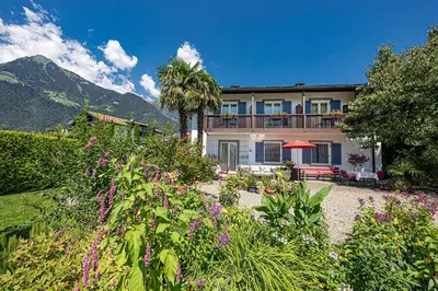a house with a palm tree and a garden at Villa Ladurner in Tirolo