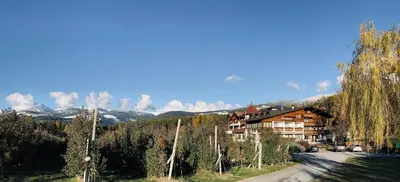 a house on a hill with trees and a road at Hotel Flötscherhof in Naz-Sciaves