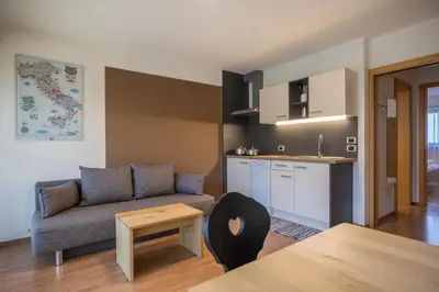 a living room with a couch and a table at Appartements Durnbrunn in Valdaora