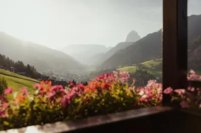 a view of a valley with pink flowers at Hotel Grien in Ortisei