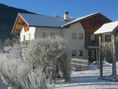 a house in the snow with trees in front of it at Stifterhof in Villabassa