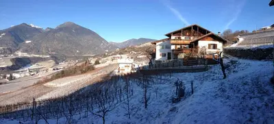 a house on a hill with snow on the ground at BUEHLERHOF Urlaub mit Kind & Hund, Obst-& Weingut, Brixen in Rosa