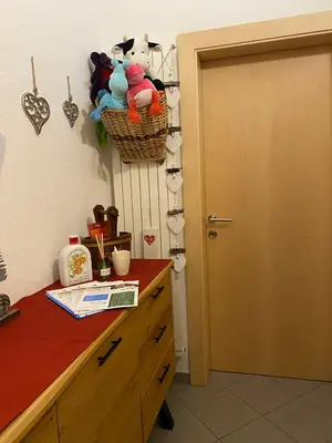 a kitchen with a counter with a basket on the wall at Villa Alessandra in Colle Isarco