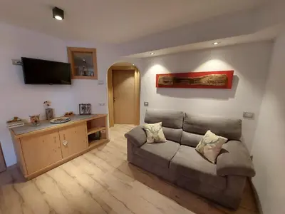 a living room with a couch and a flat screen tv at Casa Rita in Tesero