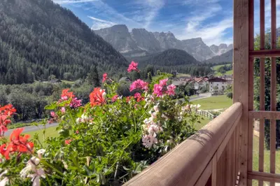 a balcony with flowers and mountains in the background at Ciasa Medalghes in San Martino in Badia