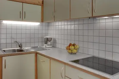 a kitchen with a sink and a bowl of fruit at Ciasa Medalghes in San Martino in Badia