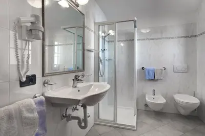a bathroom with a sink and a shower and a toilet at Ciasa Medalghes in San Martino in Badia