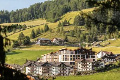 a group of buildings on a hill with trees at Hotel Panoramic Lotsch in Sarntal