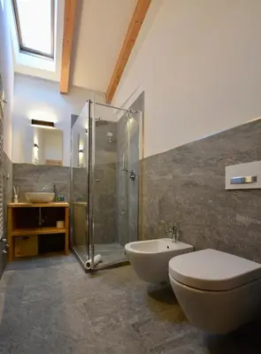 a bathroom with a shower and a toilet and a sink at Le Suite della nonna Teresina in Moena