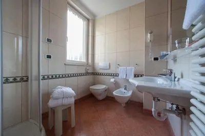 a bathroom with a sink and a toilet and a window at Hotel Luis in Fiera di Primiero