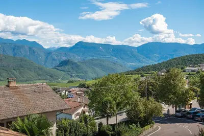a view of a town with mountains in the background at Jagerhof in Caldaro
