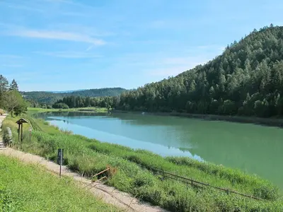 a view of a river with trees in the background at Apartment Pancheri by Interhome in Coredo