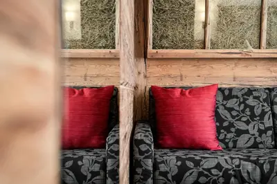 a black and red couch with two red pillows at Hotel Digon in Ortisei