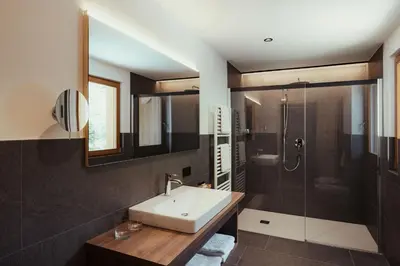 a bathroom with a sink and a shower at Hotel Digon in Ortisei