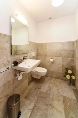 a bathroom with a sink and a toilet and a mirror at Masitterhof in Bressanone