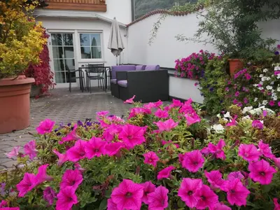 a garden with pink flowers in front of a house at Residence Roland in Caldaro