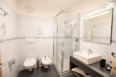 a bathroom with a sink and a shower and a toilet at Residence Roland in Caldaro