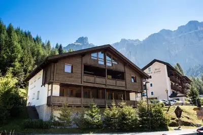 a large wooden house with mountains in the background at Chalet Albric in Selva di Val Gardena