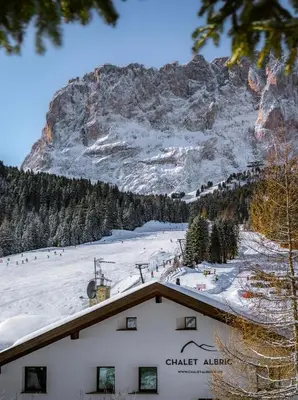 a ski lodge with a mountain in the background at Chalet Albric in Selva di Val Gardena