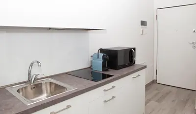 a kitchen with a sink and a microwave at Loft 82 Apartments in Bolzano