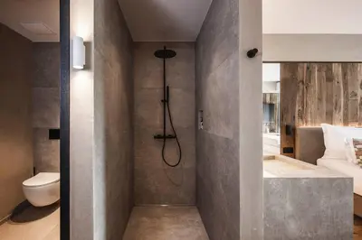 a bathroom with a shower and a toilet at Hotel Löwenhof in Bressanone