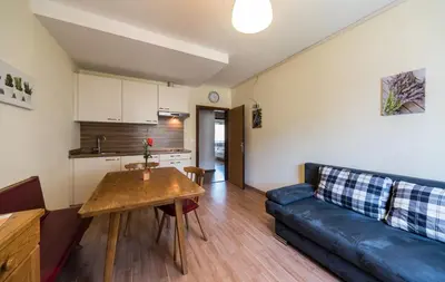a living room with a couch and a wooden table at Residence Trametsch in Bressanone