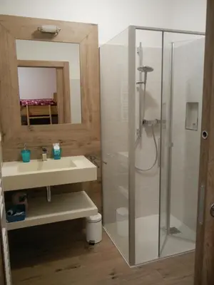 a bathroom with a sink and a shower at B&B RAINA in Castelfondo
