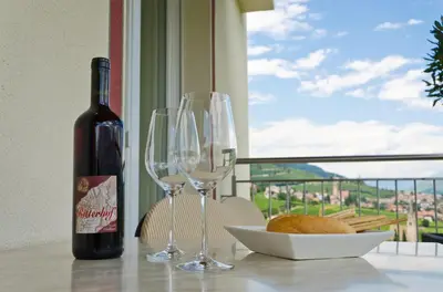 a bottle of wine and two wine glasses on a table at Grabmayrhof in Termeno