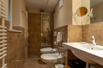 a bathroom with a toilet and a sink and a shower at Hotel Bemelmans-Post in Collalbo