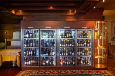a refrigerator filled with lots of bottles of alcohol at Hotel Bemelmans-Post in Collalbo