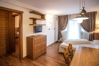 a bedroom with a bed and a table and a television at Adler ClubResidence in Moena
