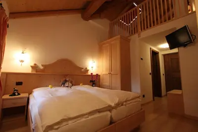a bedroom with a large bed and a flat screen tv at Hotel Fonte Dei Veli in Panchia
