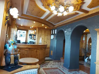a restaurant with a ceiling with a chandelier at Hotel Stella in Moena