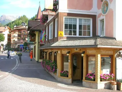 a building on the side of a street with flowers at Hotel Stella in Moena