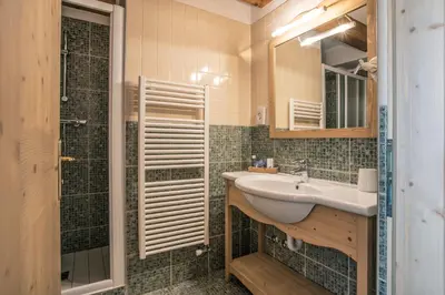a bathroom with a sink and a shower at Hotel Resort Al Sole in Canazei