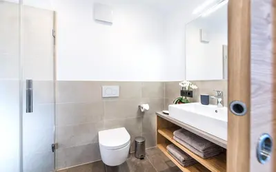 a bathroom with a sink and a toilet and a mirror at Putzerhof in Siusi