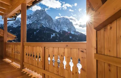 a room with a window with a view of a mountain at Putzerhof in Siusi