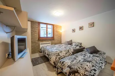 a small room with two beds and a tv at Casa Penia 2 in Canazei