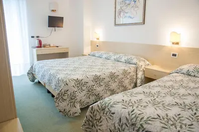 a hotel room with two beds and a television at Garnì Mariolina in Falcade