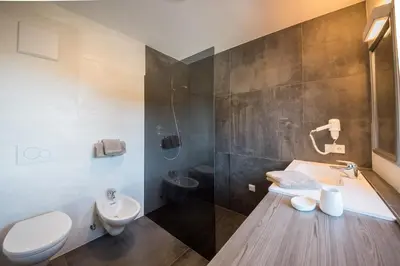 a bathroom with a white toilet and a sink at Appartment Hossler in Valdaora