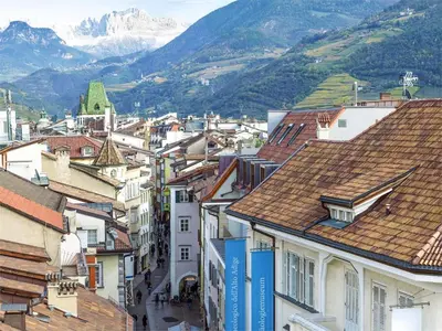 a city with buildings and mountains in the background at City Charme Apartments in Bolzano